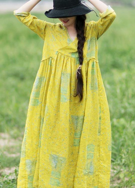 French Yellow Print Clothes V Neck Cinched Maxi Spring Dress