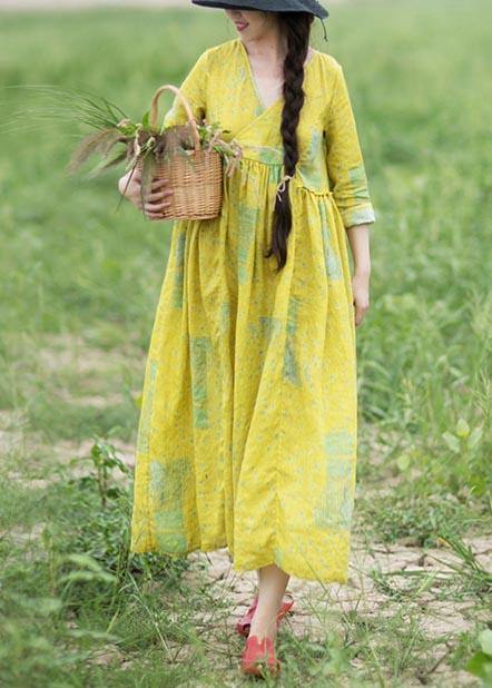 French Yellow Print Clothes V Neck Cinched Maxi Spring Dress