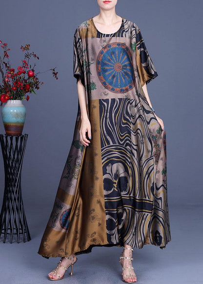 French Yellow Print Silk O-neck Summer Long Dress