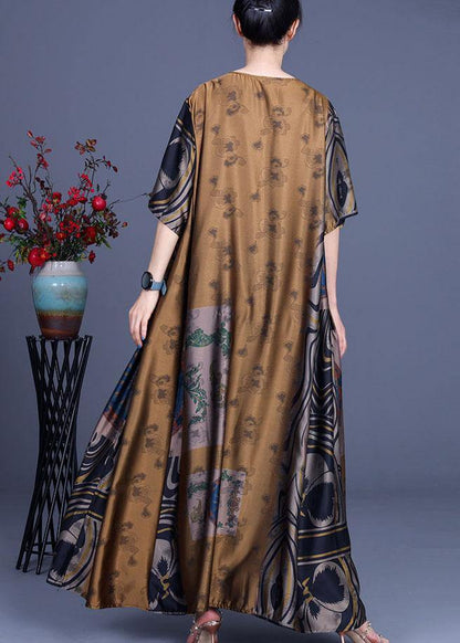 French Yellow Print Silk O-neck Summer Long Dress