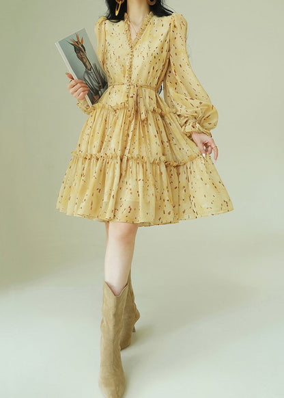 French Yellow Ruffled Print Tie Waist Chiffon Dress Spring