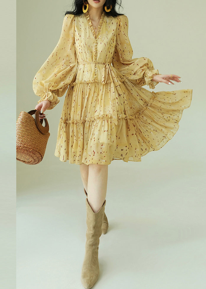 French Yellow Ruffled Print Tie Waist Chiffon Dress Spring