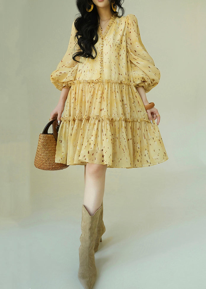 French Yellow Ruffled Print Tie Waist Chiffon Dress Spring
