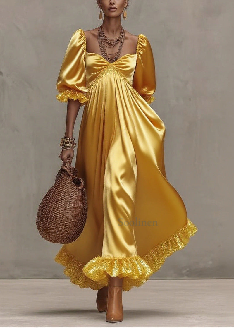 French Yellow Sequins Patchwork Exra Large Hem Silk Ankle Dress Summer