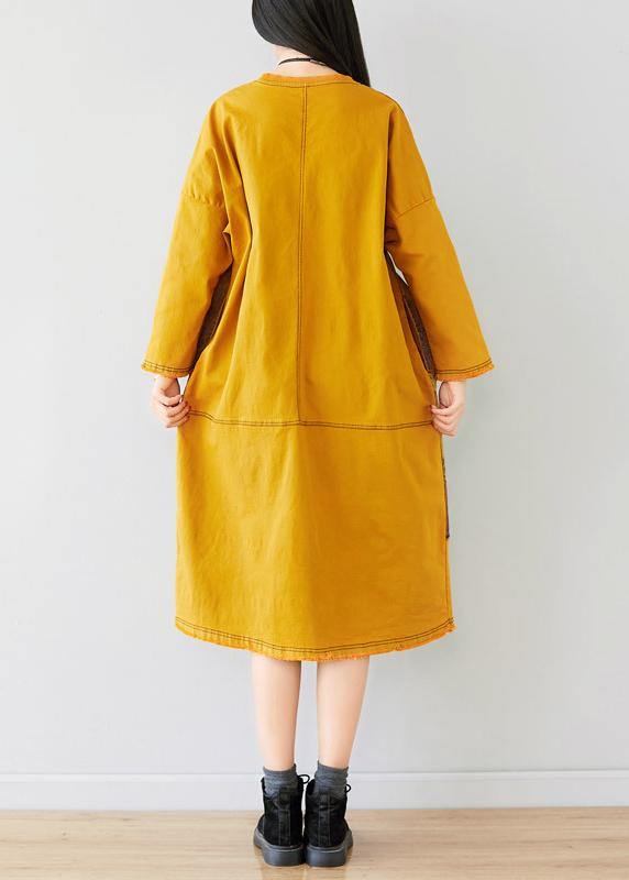 French Yellow U Neck Dress Character Print Spring Ankle Dress