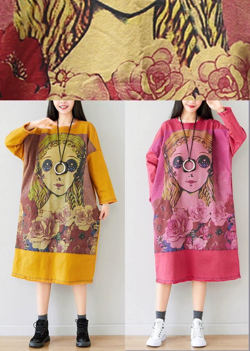 French Yellow U Neck Dress Character Print Spring Ankle Dress