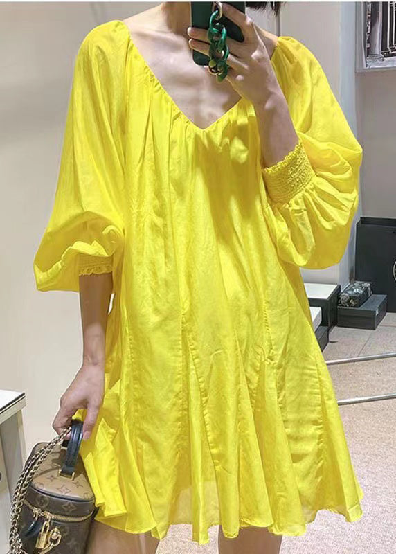 French Yellow V Neck Cotton Mid Dress Spring