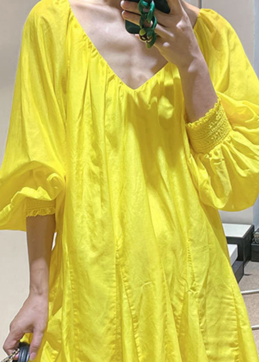 French Yellow V Neck Cotton Mid Dress Spring