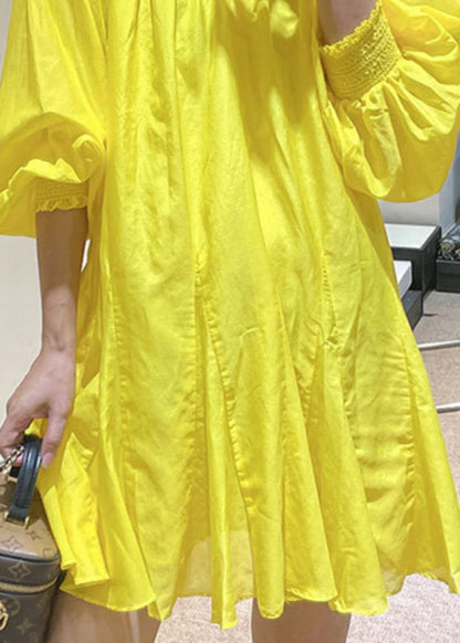 French Yellow V Neck Cotton Mid Dress Spring