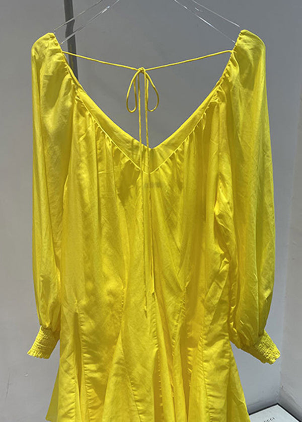 French Yellow V Neck Cotton Mid Dress Spring