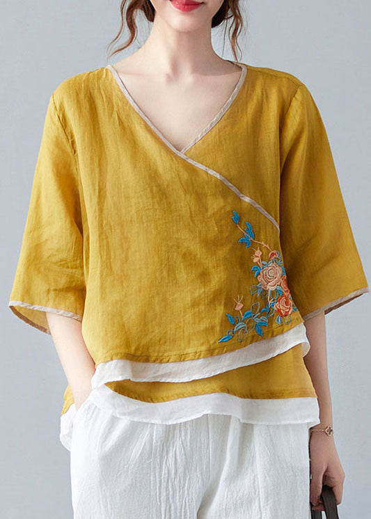 French Yellow V Neck Asymmetrical Design Shirt Spring