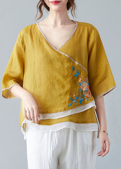 French White Flower V Neck Asymmetrical Design Shirt Spring