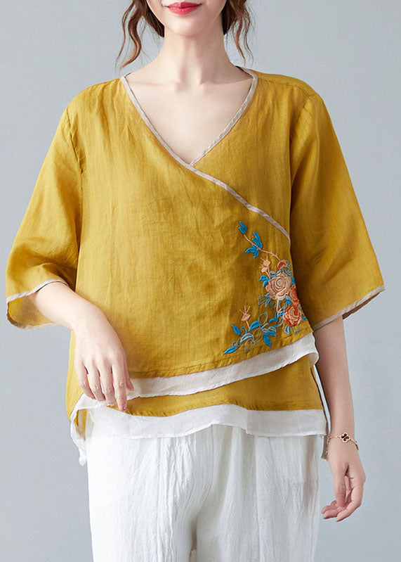 French White Flower V Neck Asymmetrical Design Shirt Spring