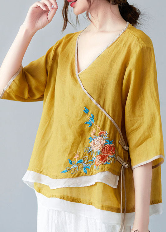 French Yellow V Neck Asymmetrical Design Shirt Spring