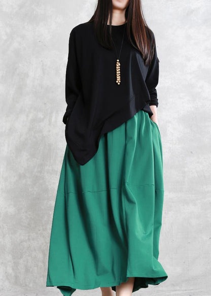 French asymmetric o neck cotton tunic pattern Neckline black top