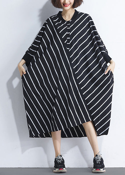 French Asymmetric Patchwork Cotton Dresses Sewing Black Striped Cotton Dresses Summer