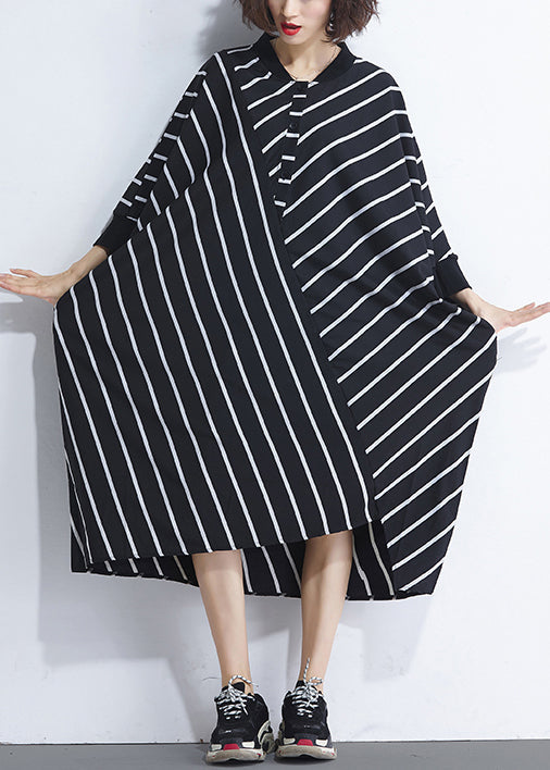 French Asymmetric Patchwork Cotton Dresses Sewing Black Striped Cotton Dresses Summer