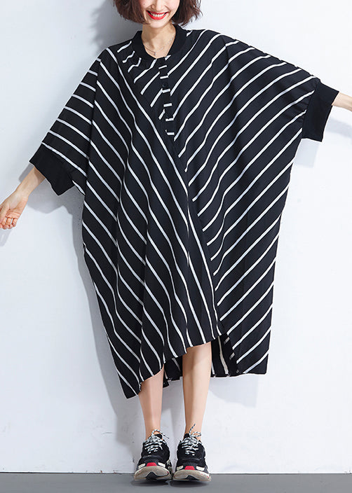 French Asymmetric Patchwork Cotton Dresses Sewing Black Striped Cotton Dresses Summer