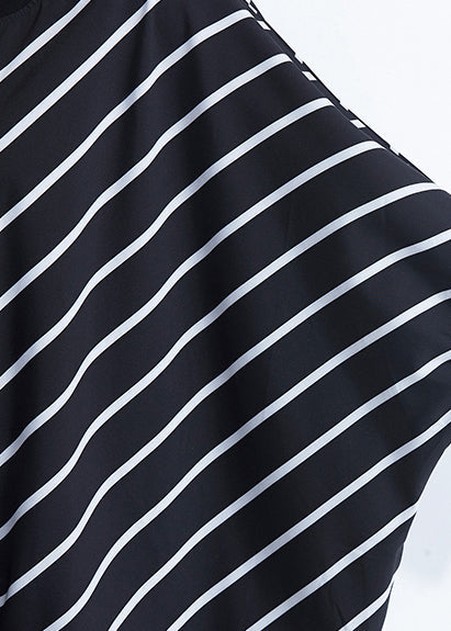 French Asymmetric Patchwork Cotton Dresses Sewing Black Striped Cotton Dresses Summer