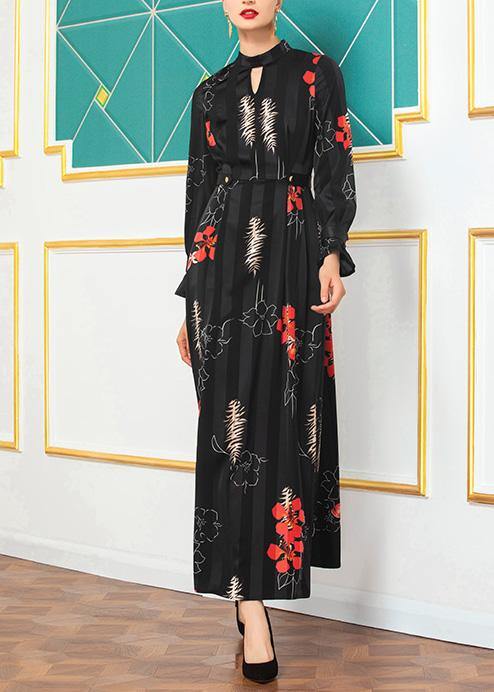 French Big Hem Cotton Prints Tunic Top Sleeve Black Long Dress