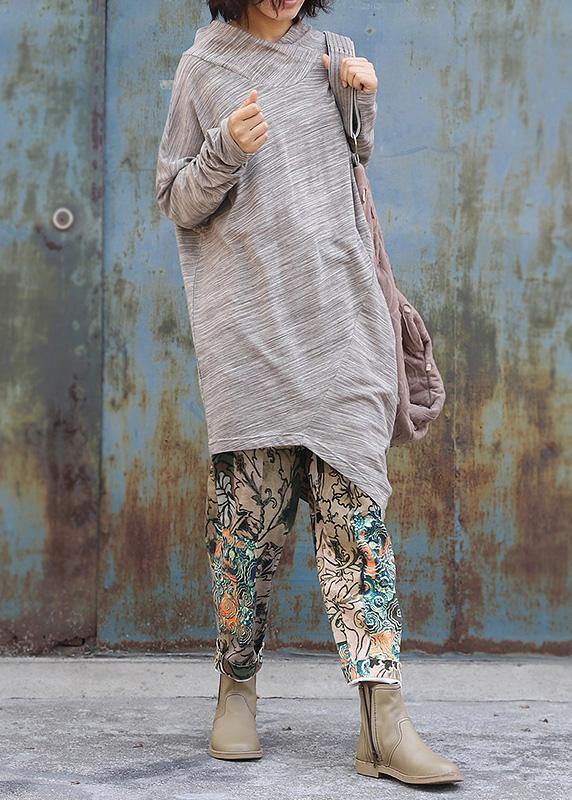 French Bige Cotton Tunic Dressasymmetric Tunic Long Sleeve Dresses
