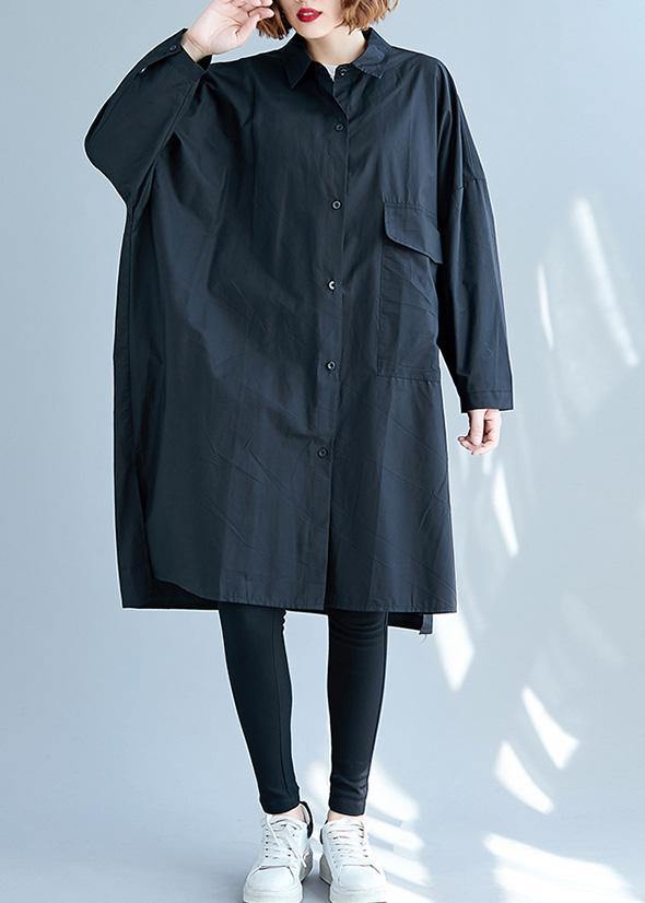 French Black Cotton Clothes Side Open Knee Fall Shirt Dress