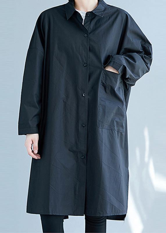 French Black Cotton Clothes Side Open Knee Fall Shirt Dress