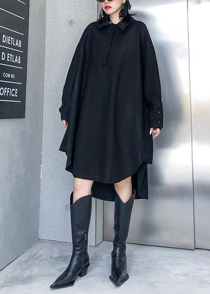 French Black Cotton Tunic Pattern Low High Design Loose Polo Collar Dress