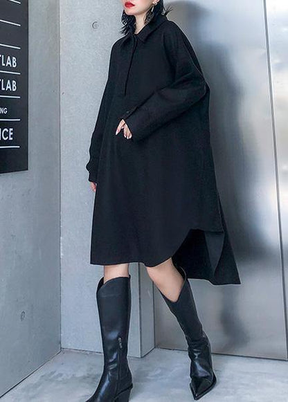 French Black Cotton Tunic Pattern Low High Design Loose Polo Collar Dress