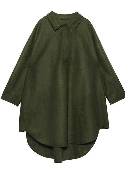 French Black Cotton Tunic Pattern Low High Design Loose Polo Collar Dress