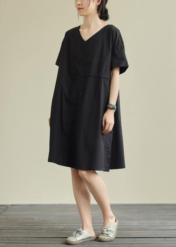 French Black Cotton Tunic Pattern V Neck Patchwork Shift Dress