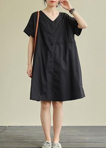 French Black Cotton Tunic Pattern V Neck Patchwork Shift Dress