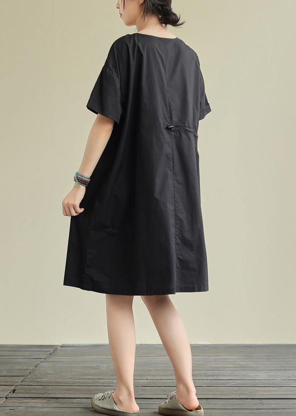 French Black Cotton Tunic Pattern V Neck Patchwork Shift Dress