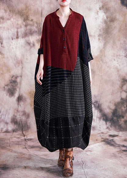 French Black Plaid Cotton Quilting Clothes V Neck Patchwork Cotton Robes Fall Dresses