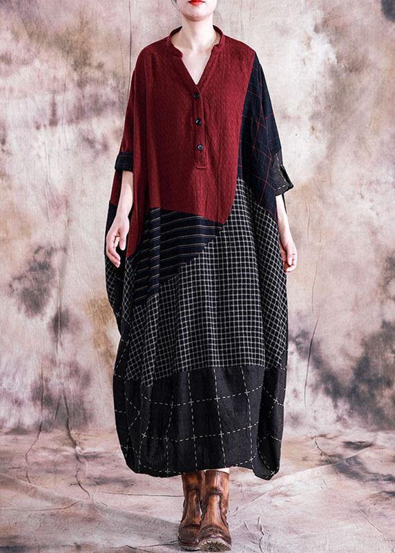 French Black Plaid Cotton Quilting Clothes V Neck Patchwork Cotton Robes Fall Dresses