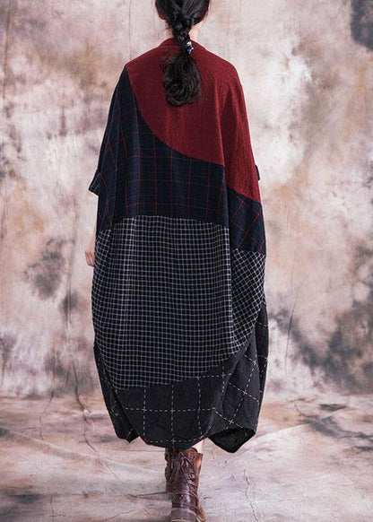 French Black Plaid Cotton Quilting Clothes V Neck Patchwork Cotton Robes Fall Dresses