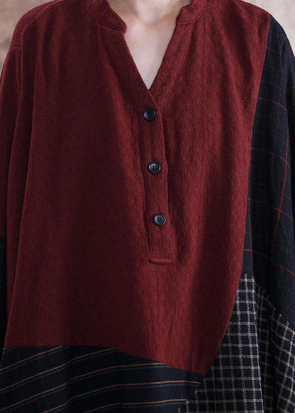 French Black Plaid Cotton Quilting Clothes V Neck Patchwork Cotton Robes Fall Dresses