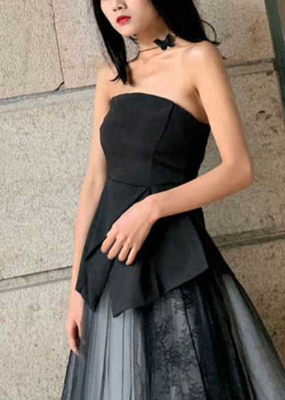 French Black Asymmetrical Design Cold Shoulder Strapless Tank Spring