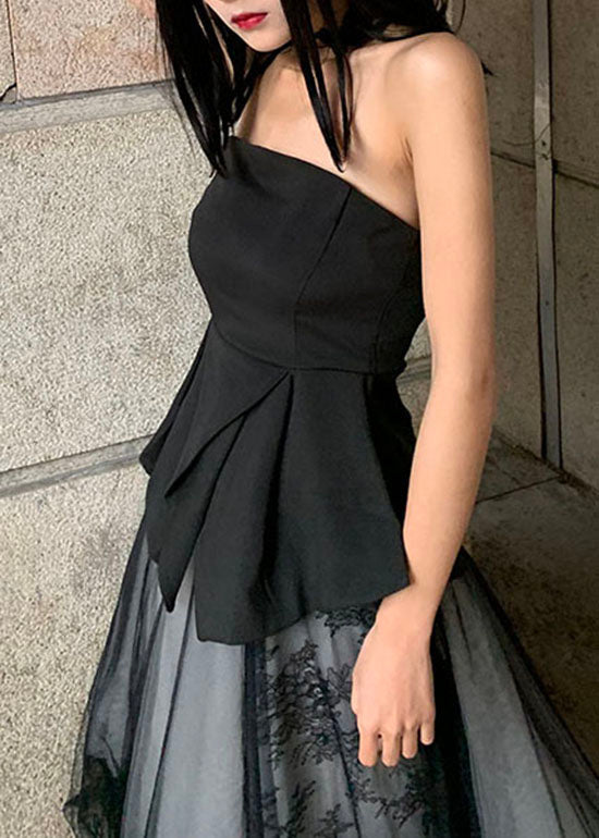French Black Asymmetrical Design Cold Shoulder Strapless Tank Spring