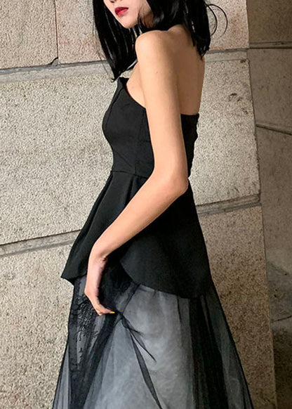 French Black Asymmetrical Design Cold Shoulder Strapless Tank Spring