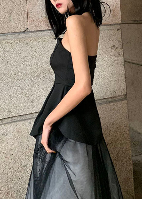 French Black Asymmetrical Design Cold Shoulder Strapless Tank Spring