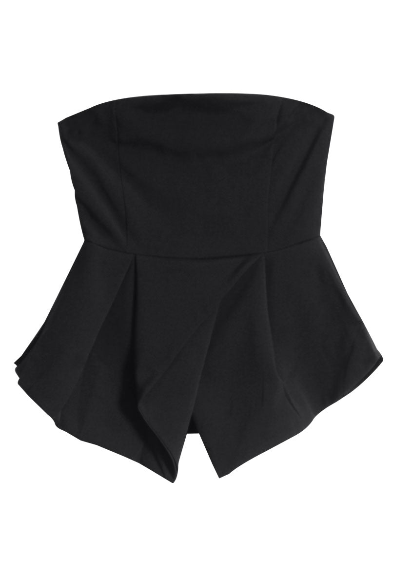 French Black Asymmetrical Design Cold Shoulder Strapless Tank Spring