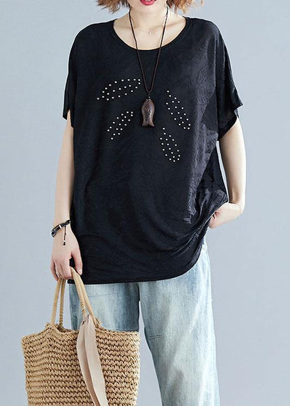 French Black Blended Crane Tops O Neck Loose Summer Tops