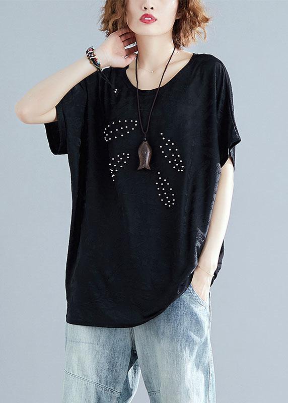 French Black Blended Crane Tops O Neck Loose Summer Tops