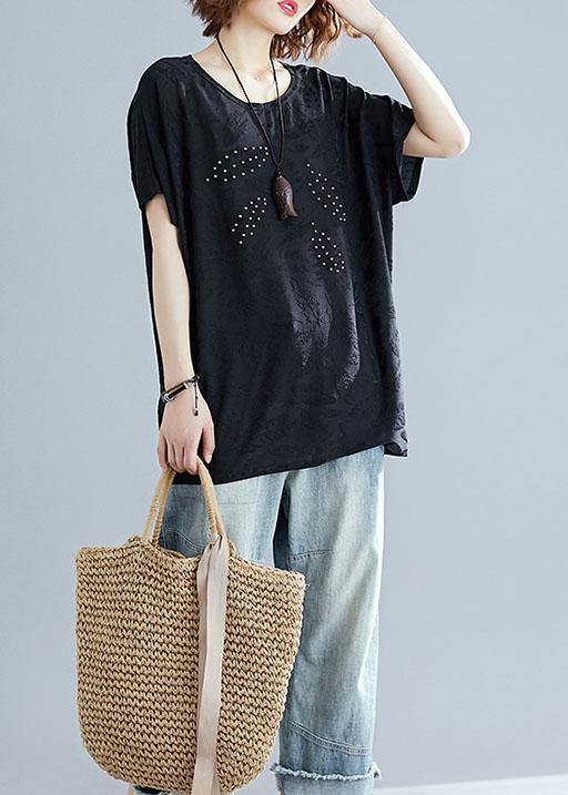 French Black Blended Crane Tops O Neck Loose Summer Tops