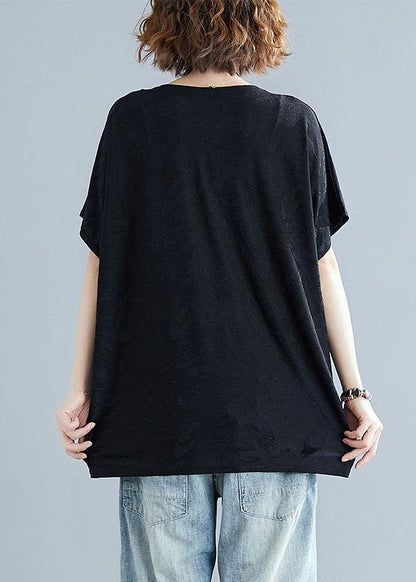 French Black Blended Crane Tops O Neck Loose Summer Tops