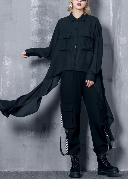 French Black Chiffon Clothes Asymmetric Clothing Lapel Blouse