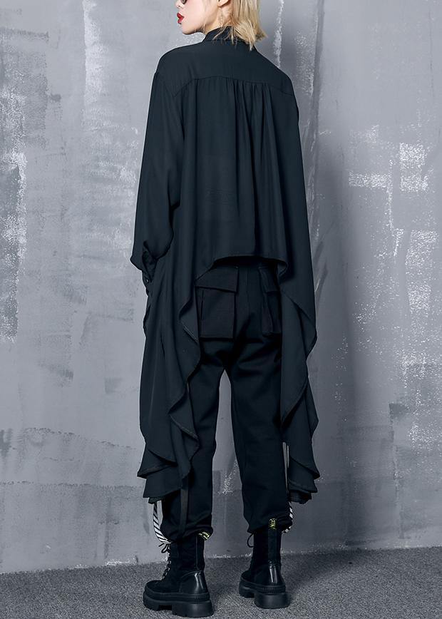 French Black Chiffon Clothes Asymmetric Clothing Lapel Blouse