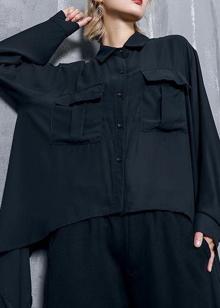 French Black Chiffon Clothes Asymmetric Clothing Lapel Blouse