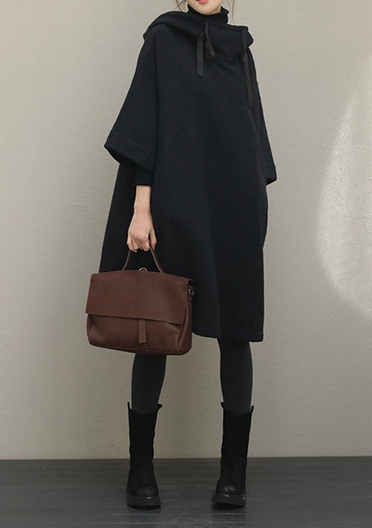 French Black Cotton Omychic Catwalk Hooded Half Sleeve Dresses